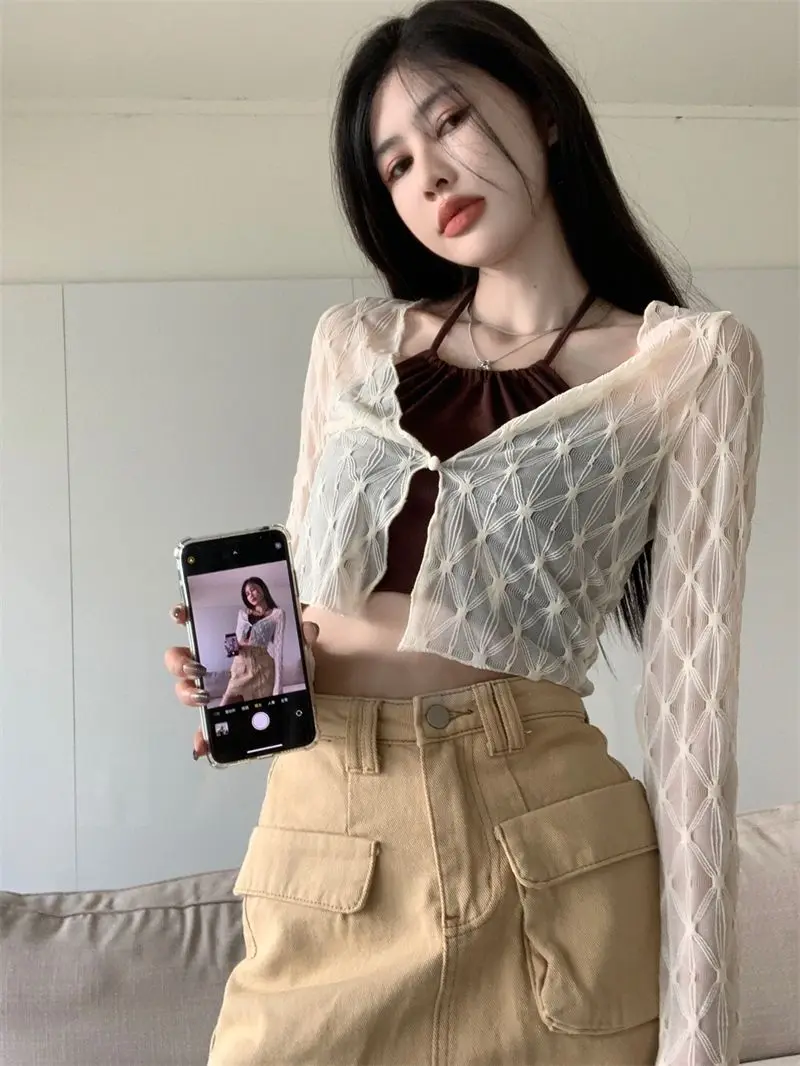 Summer Thin Sun-proof Cardigans Women Crochet Midriff-baring Tops Short Leisure All-match Y2k Korean Style Daily Slim Fashion