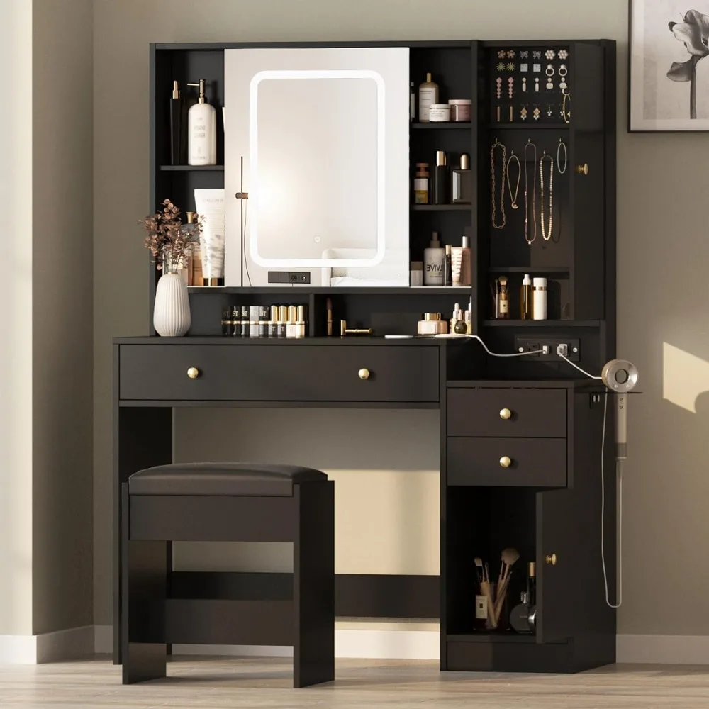 

Vanity Desk With Mirror Lights and Charging Station Wooden Chest of Drawers 3-Drawer Glass Top Vanity Table With Jewelry Cabinet