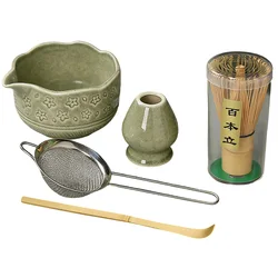 Premium Matcha Whisk Set - 5 - Piece Tiny Flower Design with Chawan and Bamboo Whisk (Green)