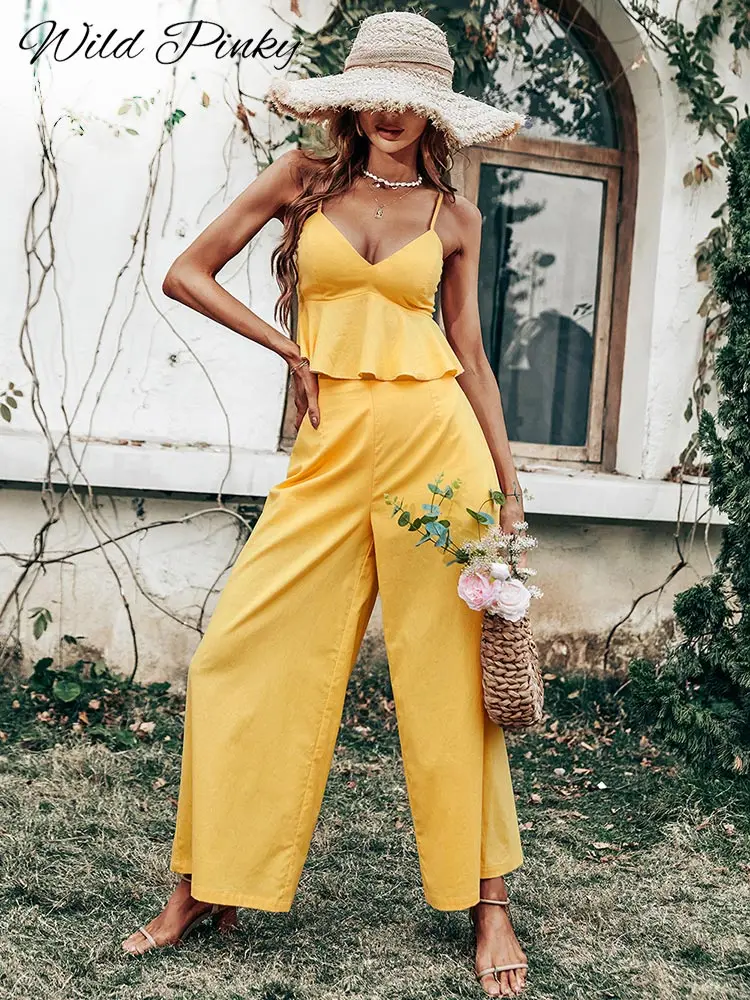 

WildPinky Elegant Yellow Two-piece Women Suit Casual Summer Sleeveless V-neck Top Pants Sets Fashion Solid Office Ladies Suits
