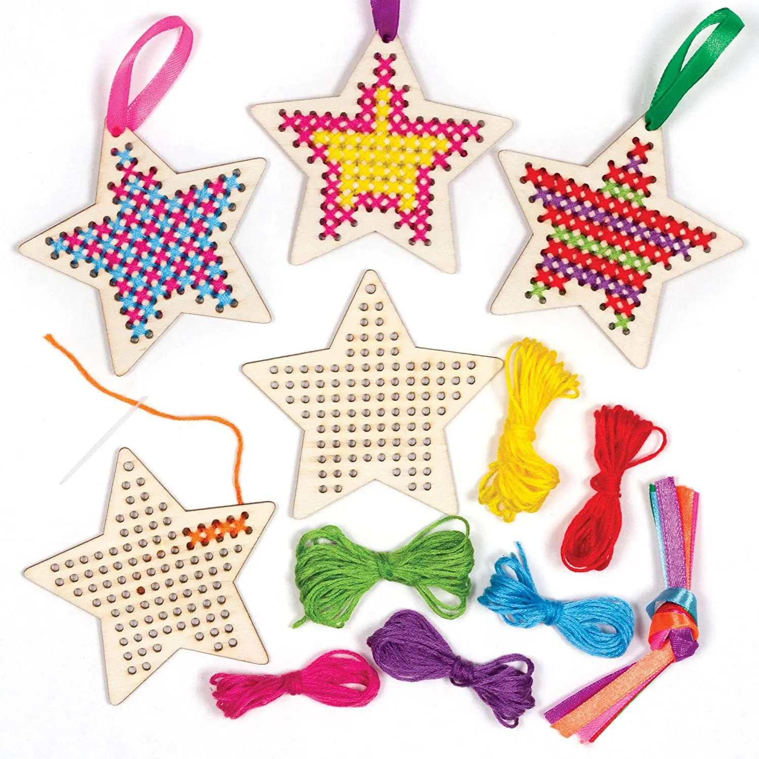 Wooden Cross Stitch Bookmark and Star Kit Tag 1set Contains 4 wood chips 4 lanyard 4 color threads and 4 plastic needles wooden bookmark bookmarks stationery supplies