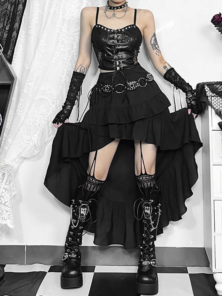 InsGoth Women's Steampunk Retro Gothic Pleated Asymmetric Hi-Low Lace Party Skirt Irregular Victorian High-Low Bustle Skirt