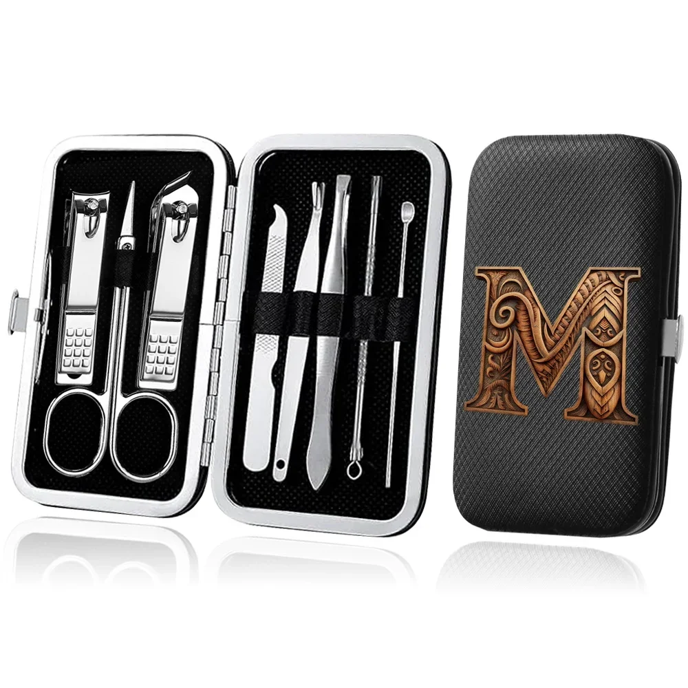 8Pcs Stainless Steel Manicure Set Pocket Nail Clipper Kit Portable Organizer Pedicure Nail Scissor Tool Wood Art Letter Pattern