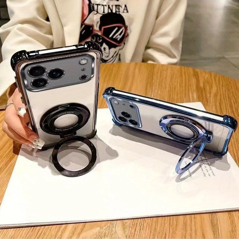 Premium Transparent Magnetic TPU Cover with Ring Stand and Plated Clear Design