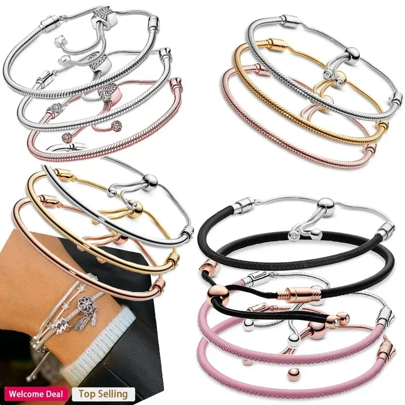 

Popular Luxury 925 Silver Women's Heart Shaped Leather Logo Star Adjustable Bracelet Fit Original Charm DIY Jewelry