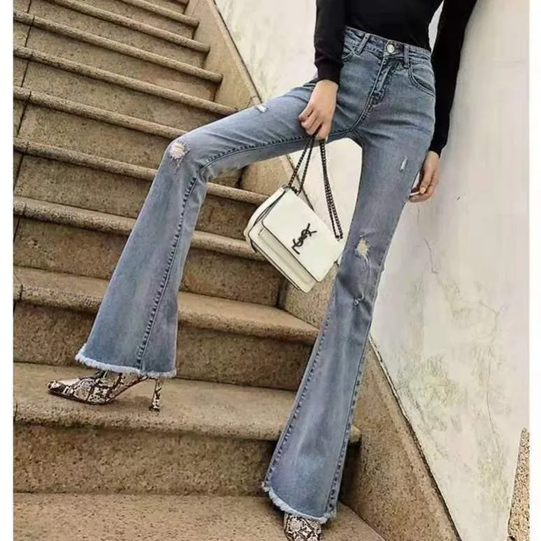 Women's Vintage Ripped Flare Jeans Spring Summer Casual Streetwear Slim Micro Flare Denim Pants Lady Skinny Trumpet Jeans