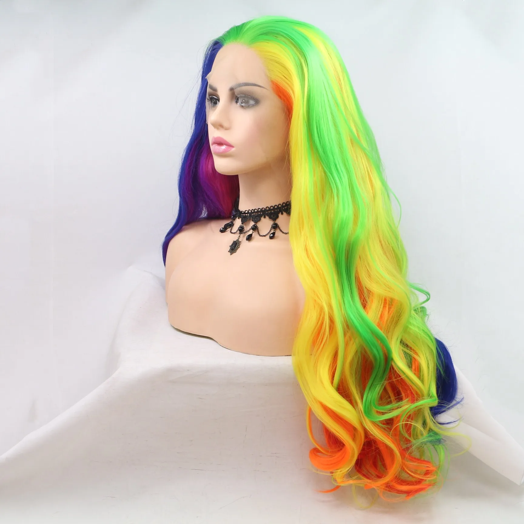Melody Synthetic Wig Yellow to Purple Neon Green Mix Purple Pink Long Wave Lace Front Wig Natural Wavy Rainbow Hair