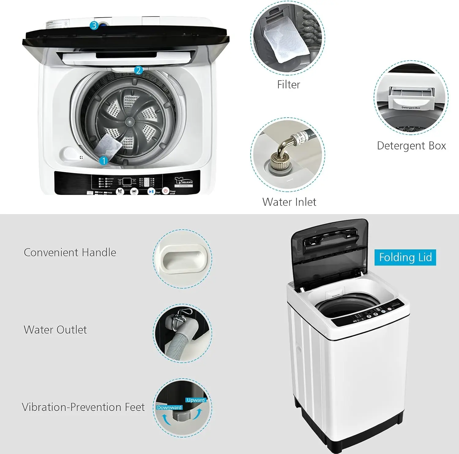 Full Automatic Washing Machine 2 in 1 Portable Laundry Washer 1.5Cu.Ft 11lbs Capacity Washer and Spinner Combo 8 Programs
