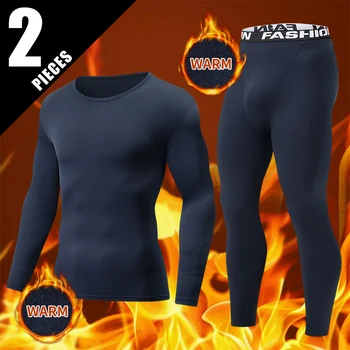2-pcs Autumn/Winter Men's Thick Warm Underwear Set Large Solid Color Casual Sports Base Shirt Cycling Fitness Elastic Waist Pant 2