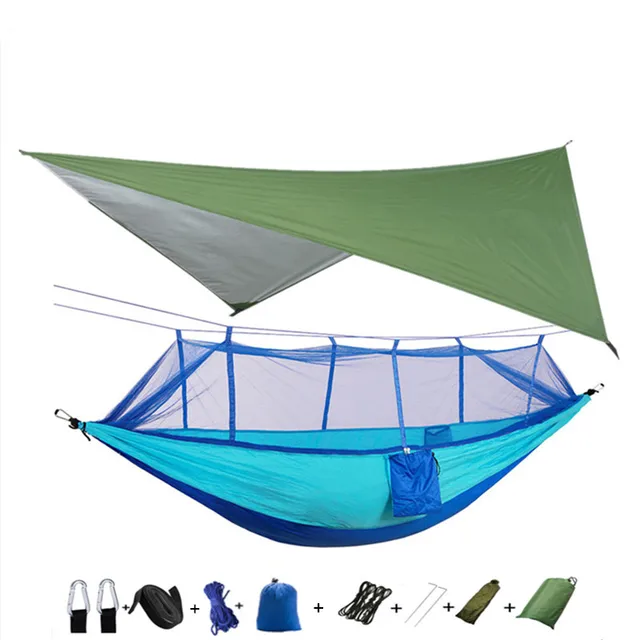 Lightweight Portable Camping Hammock and Tent Awning Rain Fly Tarp Waterproof Mosquito Net Hammock Canopy 210T Nylon Hammocks Green and blue