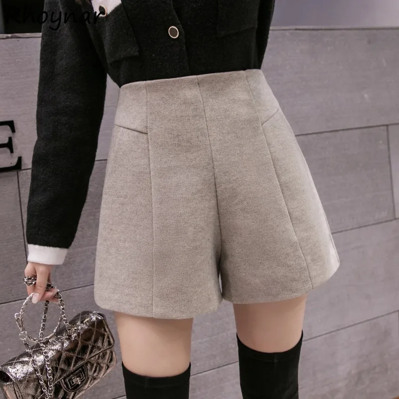 

Woolen Shorts Women Empire Solid Simple Chic Zipper All-match Wide Leg Loose A-line Autumn Winter Female Korean Bottoms Graceful