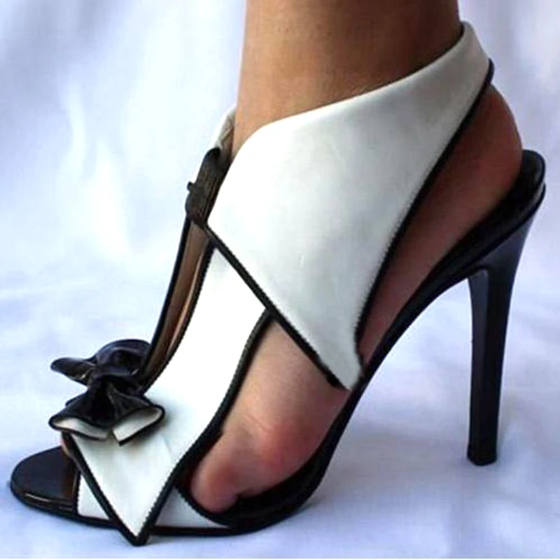 

Elegant Bowtie Peep Toe Cutout Patchwork High Heel Sandals Women Butterfly Knot Black White Mixed Colors Sandals for Women Shoes