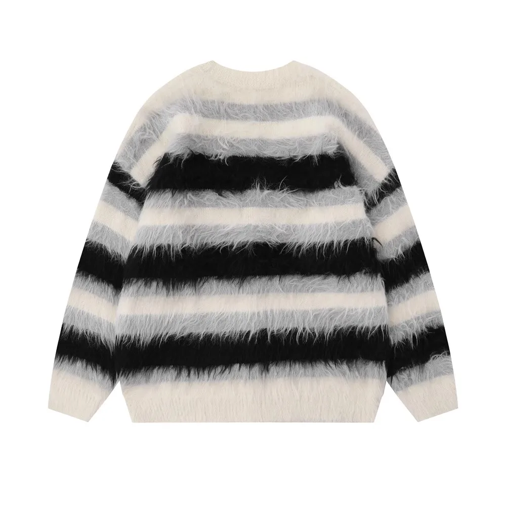 Striped Plush V-neck Sweater Men's Loose Casual Brushed Knit Trendy Couple Versatile Comfortable Harajuku High Street Cardigan 4