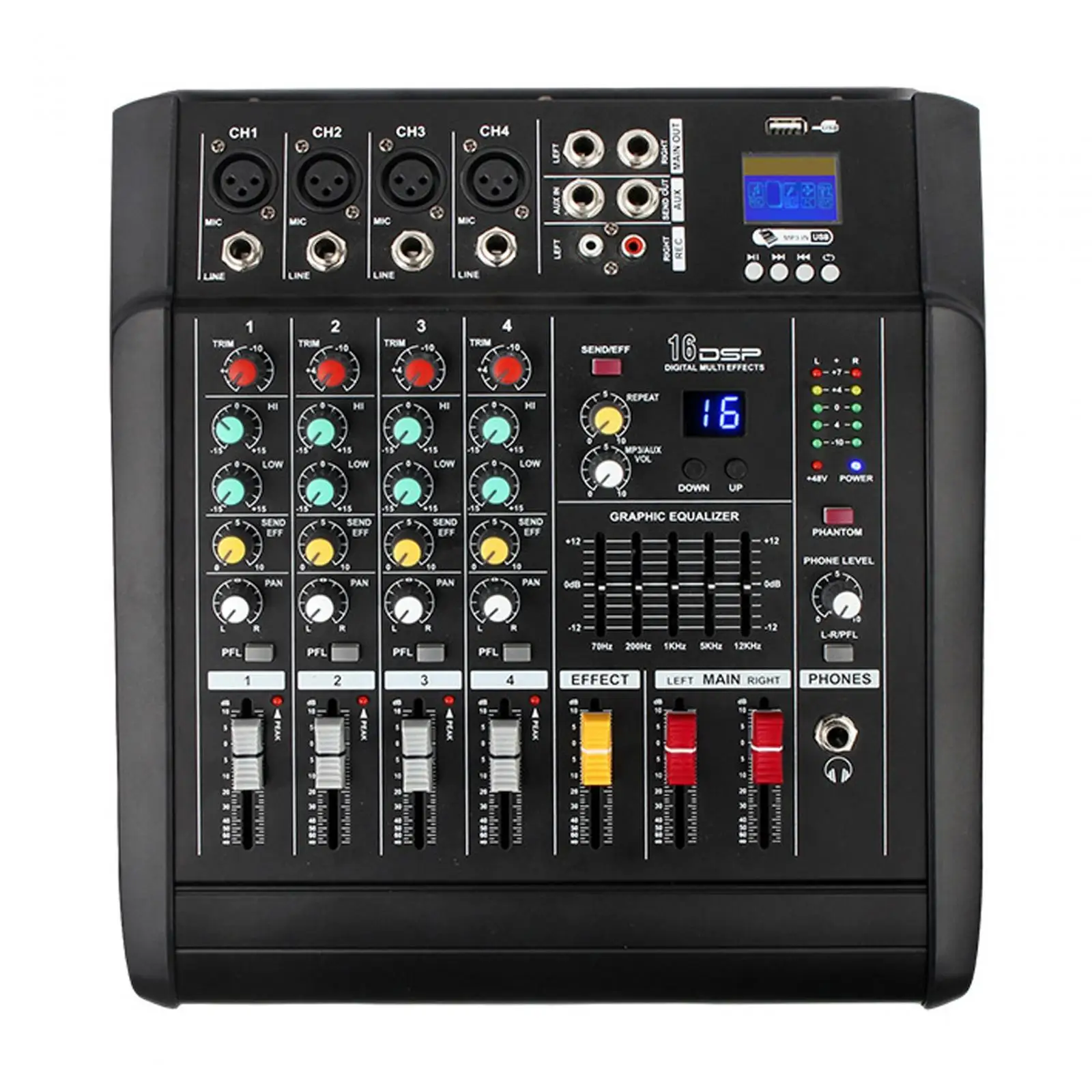

Audio Mixer Amplifier DJ Mixer Mixing Console 16 Bit DSP Processor 600wx2 4 Channel for Studio Party Performance Stage Computer