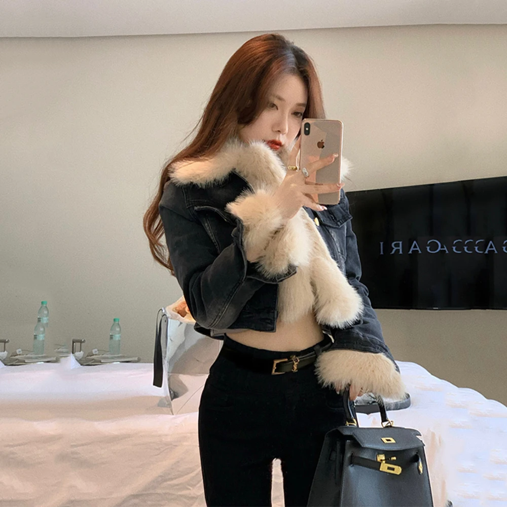 Vintage Korean Y2k Aesthetics Denim Jacket Women Black Jean Coat