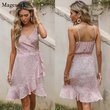  2022 Summer Dress Women V Neck Sexy Wrapped Adjustable Floral Sling Dress Women Sleeveless Ruffle Chiffon Dresses Vestidos 18809 