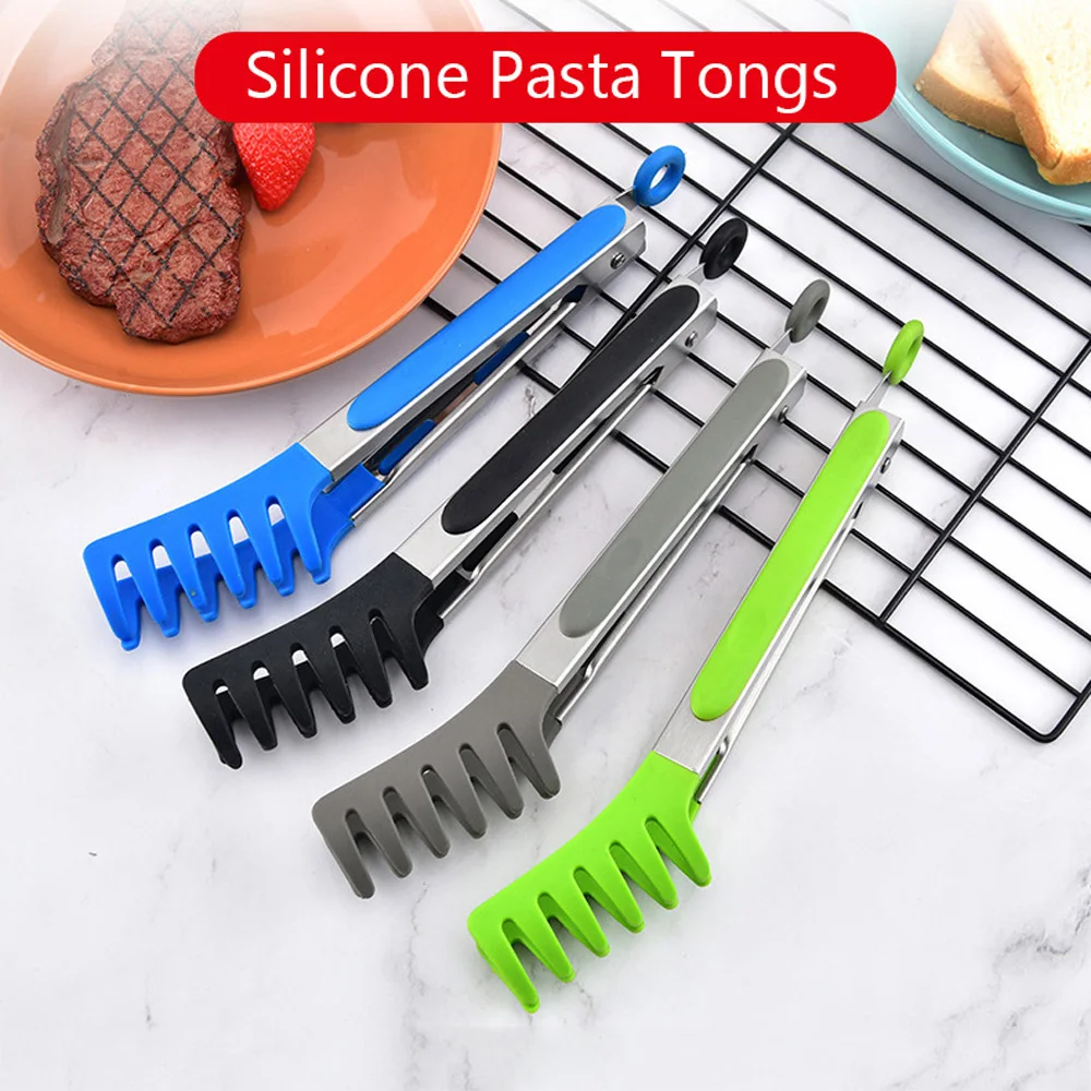 FoodGradeSiliconePastaTongsNonSlipStainlessSteelFoodTongsFor
