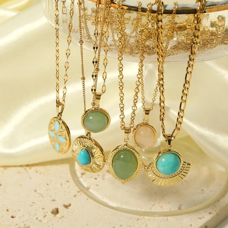 

Women's Versatile Non-fading Gold Color Pendant Retro Inlaid Natural Stone Titanium Steel Necklace for Women Jewelry