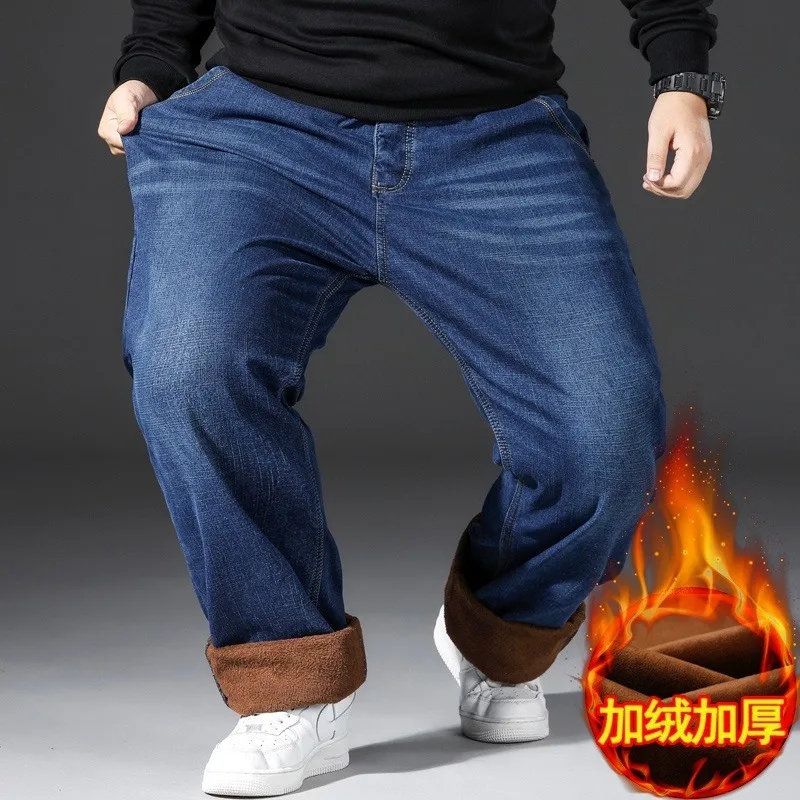 Plus Size Denim Jeans Men Thick Autumn and Winter Fleece Pants Loose Straight High Quality Casual Elastic Warm Fashion Trousers 3