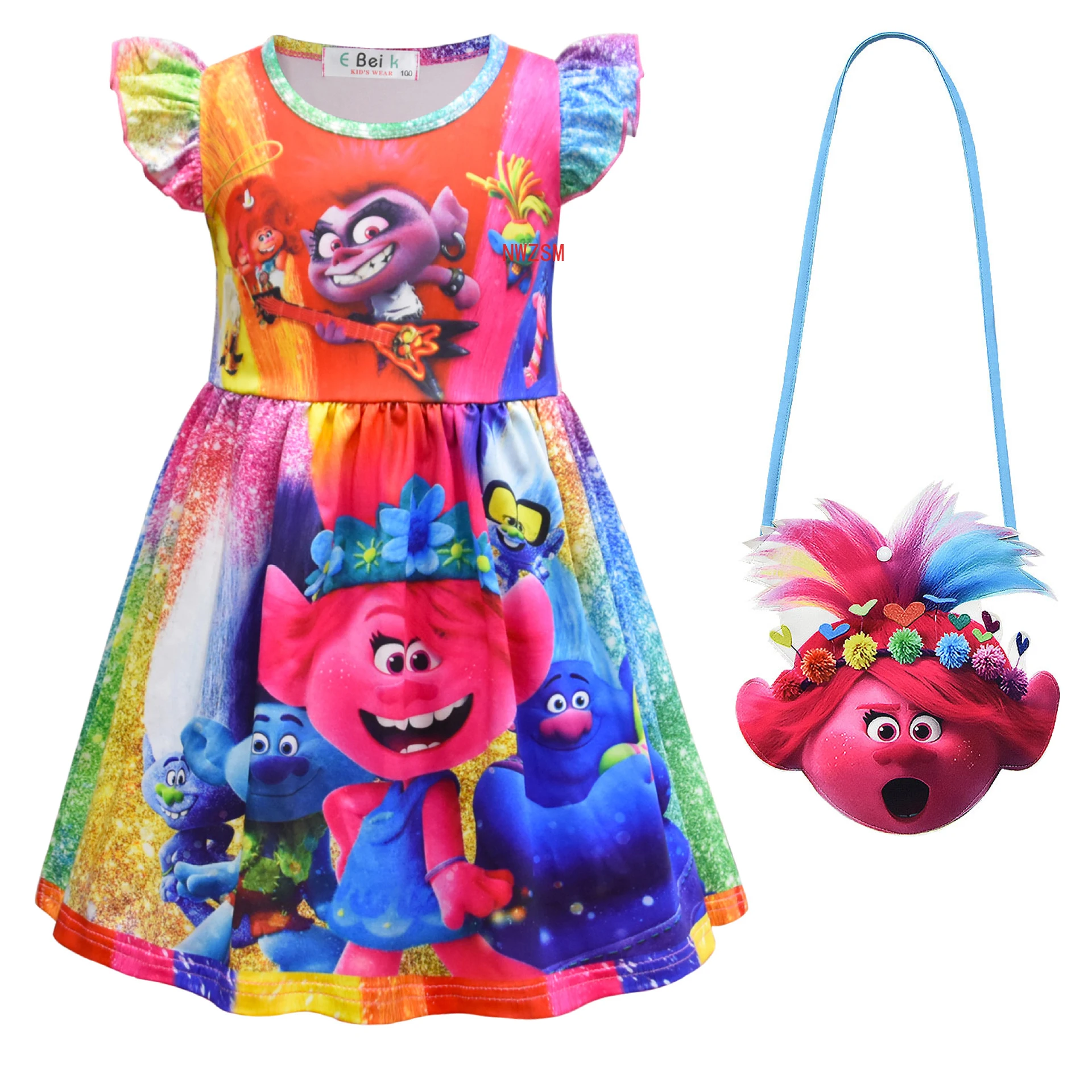 Kids Trolls Dress for Girls Summer Cartoon Children Clothing Milk Silk Ruffle Sleeve Princess Dresses Birthday Floral Clothes kids girls dress