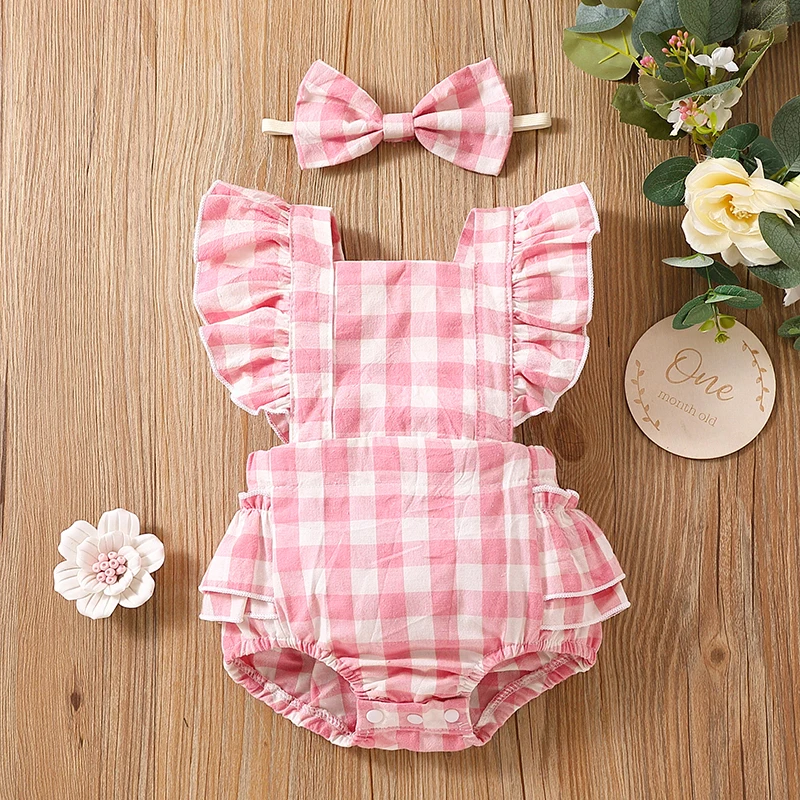 Baby Jumpsuit Newborn Baby Girl Bubble Cotton Plaid Flying Sleeve Climbing Suit With Buttocks + Headwear cotton romper baby bodysuit baby jumpsuit baby clothing