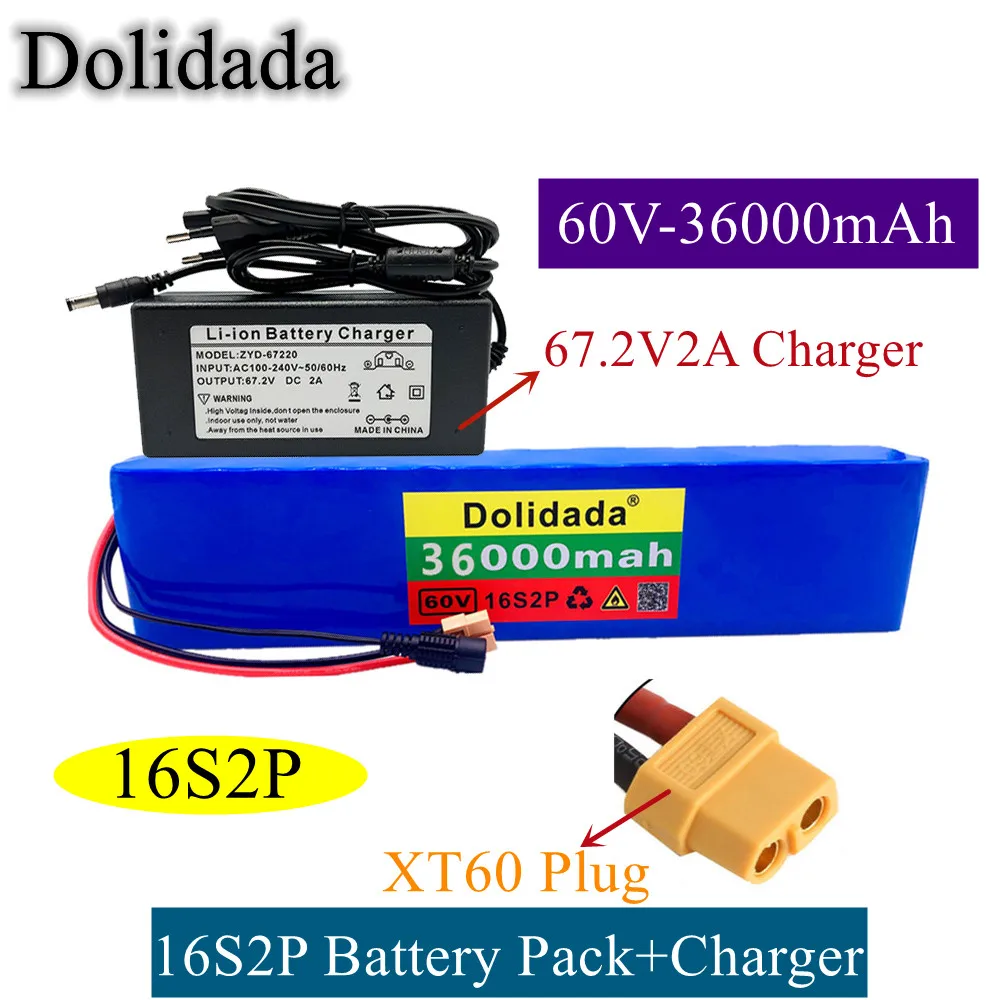 

16S2P 60V Battery Pack 36Ah 18650 Li-ion Rechargeable Battery Ebike Electric Bicycle Scooter BMS 1000W XT60 Plug 67.2V Charger