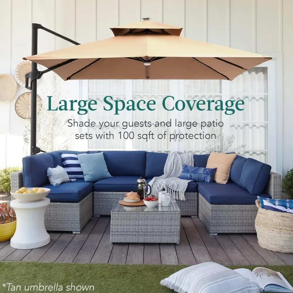 Patio Umbrellas for Double Sided with Fillable Base and Solar LED Lights, 360-degree Rotation, 10ft Outdoor Umbrella
