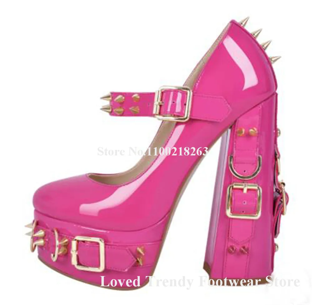 

Metal Buckles Rivets Decorated Block Heel Pumps Round Toe Pink Black Patent Leather High Platform Studs Chunky Heel Dress Shoes