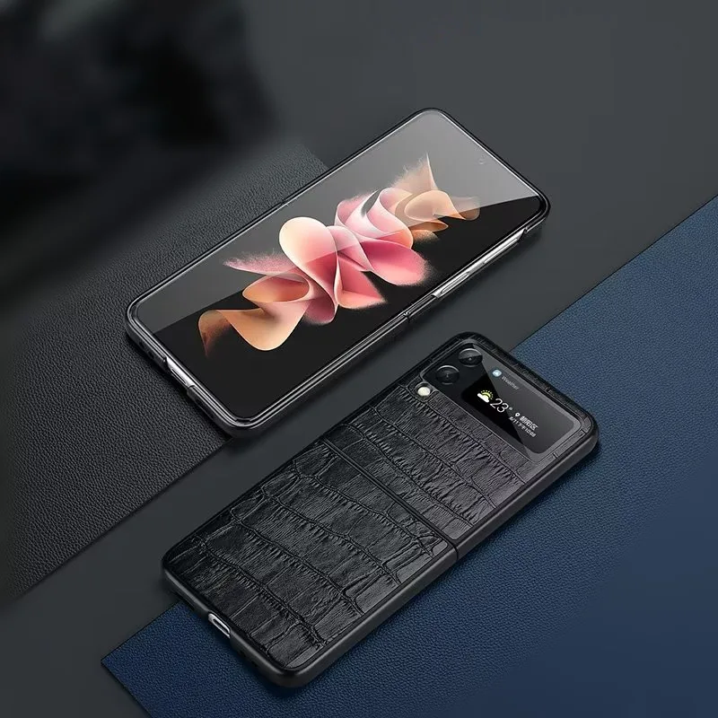 Genuine Cowhide Leather Case For Samsung Galaxy Z Flip 5 4 3 Flip4 Crocodile Pattern Alligator Skin Texture Shockproof Cover