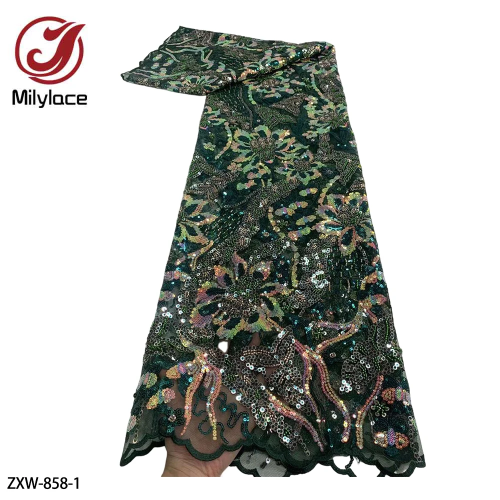 

Elegant French Embroidery Beaded Tube Lace African Nigerian Sequins Fabric for Wedding Party Dress ZXW-858