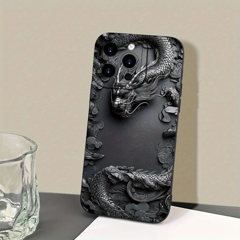 Elegant Black Chinese Loong Pattern Soft Matte Phone Case with Relief Design