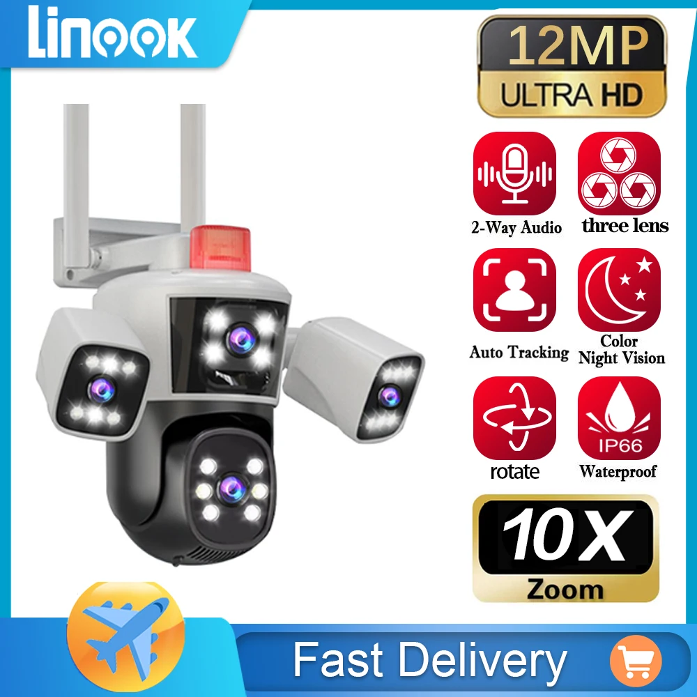12MP 6K 3 lenses waterproof CCTV outdoor WIFI phone network camera PTZ 360 intelligent camera security protection security camera