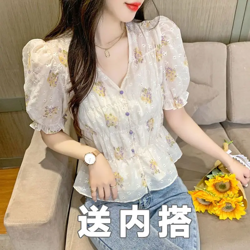 2023 New Summer Fashionable Commuting Minimalist V-neck High Waisted Slim Casual and Stylish Versatile Floral Women's Shirt