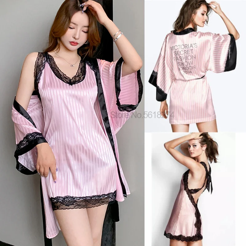 Bridal 2 Pieces Robe Suit With Lace Strap Nightgown Women Sleepwear Lingerie Summer Striped Kimono Dressing Gown Lounge Wear