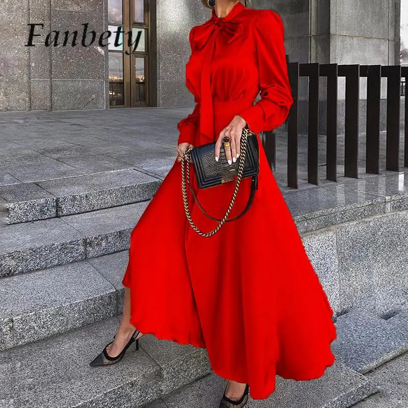 

Luxury Women Bright Color High Waist Party Dress 2023 Fall Long Sleeve Loose Maxi Dress Elegant Bow Collar Big Hem Satin Dresses