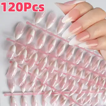 120Pcs White Almond French Press on Nails 12-Sizes Glossy Pink Full Cover Fake Nail Women&Girls Daily Wearable False Fingertips 1