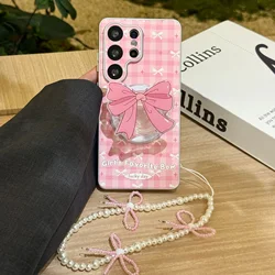 Korean Cute Bow Pink Grid Magnetic Phone Case with Holder Cover - Galaxy S24 Ultra (3in1 - HDJ)