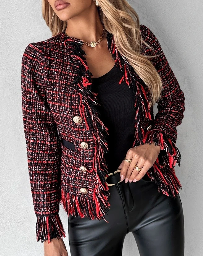 

New Women's 2023 Hot Selling Tassel Patterned Tweed Jacket In Stock