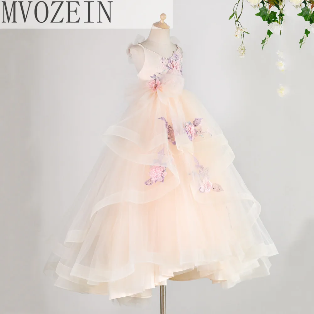 

Flowers Tulle Layers Flower Girl Dresses Flower Emboridery First Communion Dress Elegant Girl Princess Dress New Year Birthday