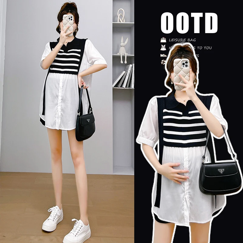 H73669# Maternity Trousers Polo Patchwork Design Womens Tops Belly Support Pants Summer Pregnancy Pants Set