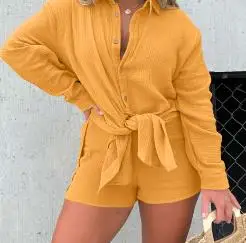 

Woman Casual Shorts Sets Two Piece Fashion Solid Color Turn-Down Collar Long Sleeve Shirt & High Waist Shorts Set Summer Outfit