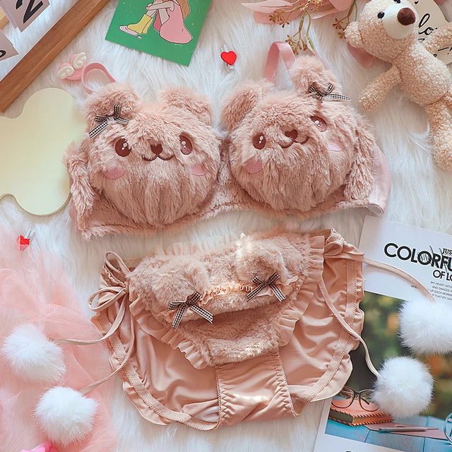 Winter cute plush underwear bear cartoon Japanese non-steel ring bra set  warmth women large size lingerie panty suit - AliExpress