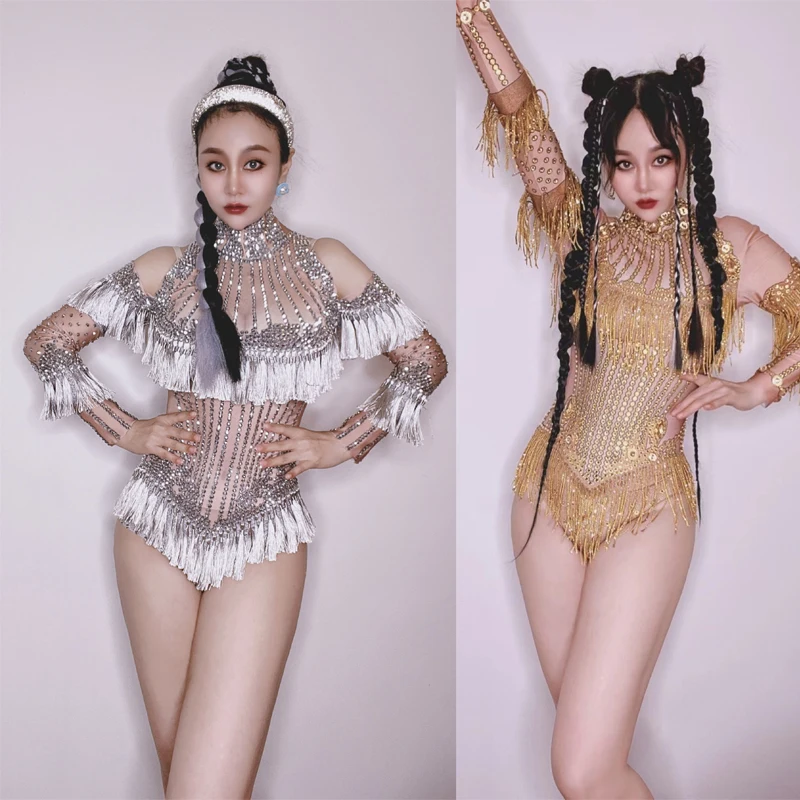 

Gold Silver Full Rhinestones Bodysuit Diamond Fringed Onesies Women Drag Queen Costume Rave Outfit Stage Performance Wear XS5335