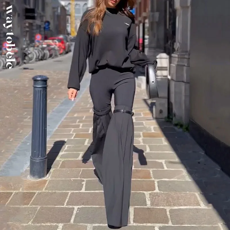 

Waytobele Women Two Piece Set Autumn Fashion Casual Long Sleeve Round Neck T Shirt Top Loose Flare Pants Sets High Streetwear