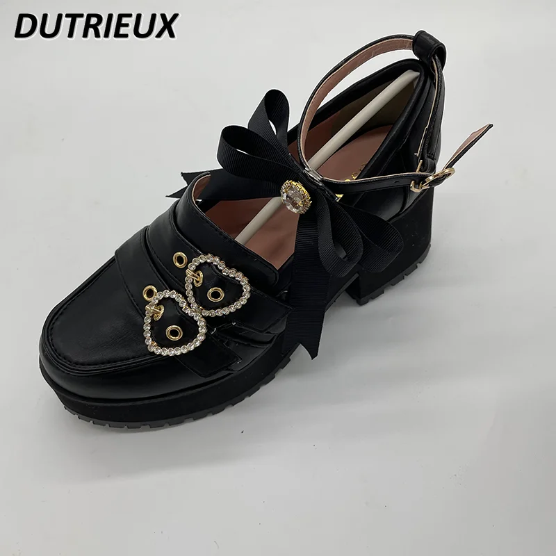 Japanese Heart Rhinestone Buckle Round Head Chunky Heels Women's 2023 Spring and Autumn High Heel Shoes Patent Leather Pump