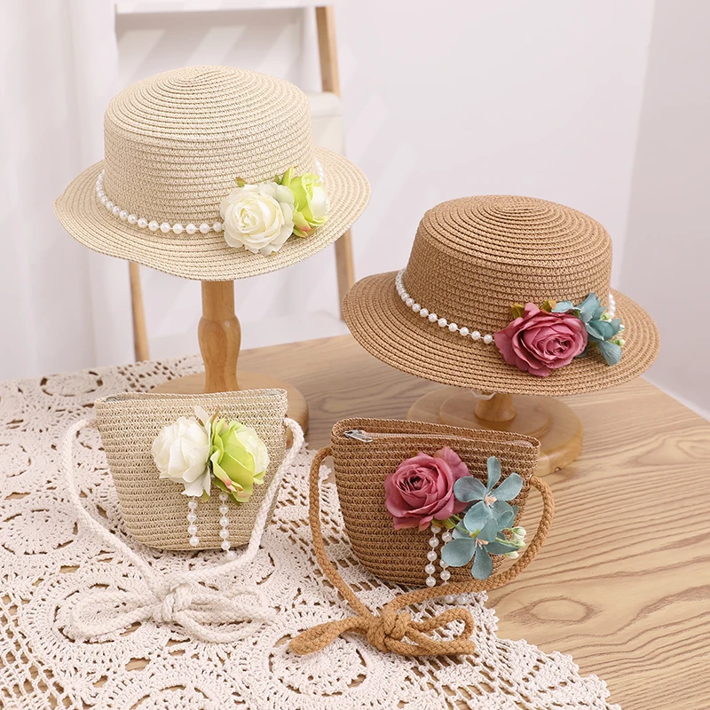 French Elegant Retro Summer Straw Hat Bag Set for Women and Girls Pearl Floral Hat Mom Kid Holiday Outdoor Travel Beach Sun