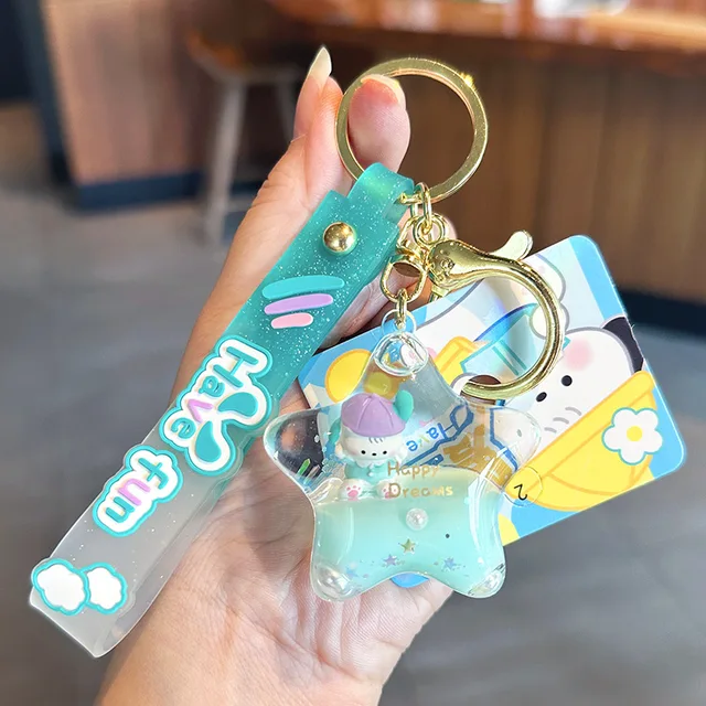 창의적인 플로팅 액체 오각형 키체인, 동물 모양의 만화 아크릴 퀵샌드 강아지 인형