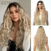 GEMMA Synthetic Light Blonde Long Curly Lace Front Wig Deep Wave Dark Roots Lace Wigs Cosplay Daily Women Hair Heat Resistant