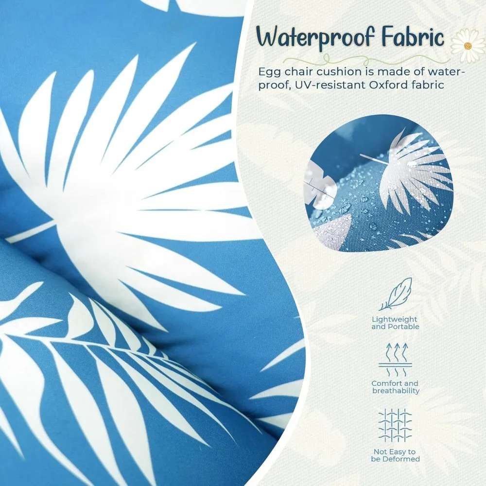 Waterproof Egg Chair Cushion Replacement Outdoor Hanging Egg Chair Cushion 47x35x7 Blue Leaf, Patio Swings 4