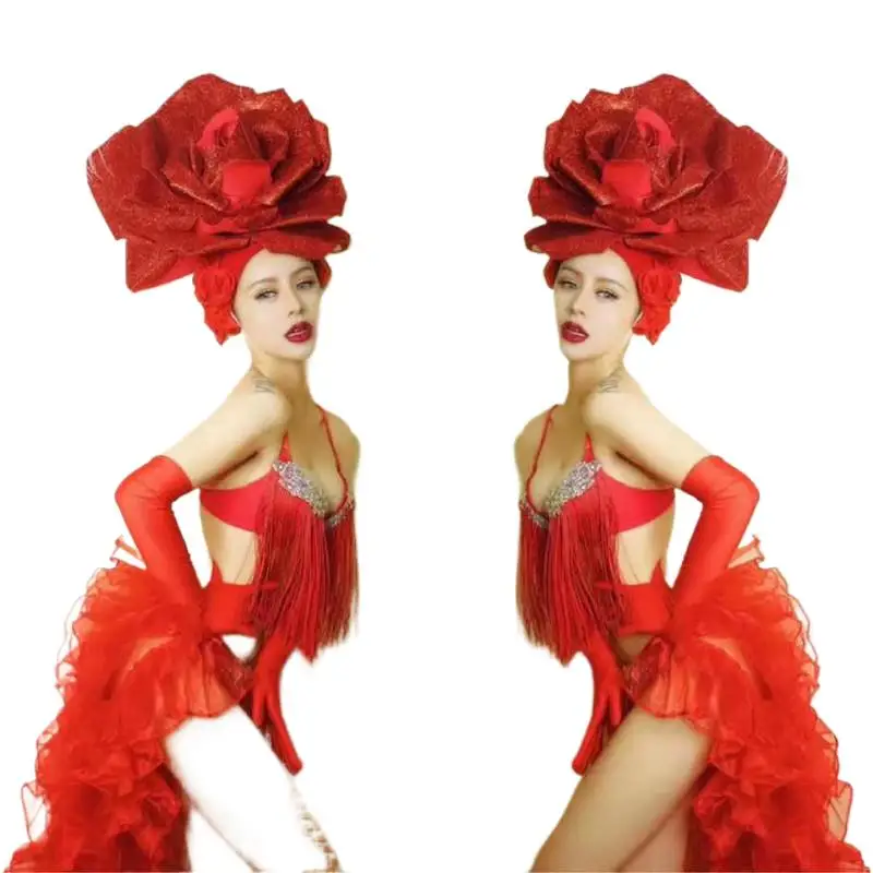 

Женский сценический костюм для бара, красный цветочный головной убор с перьями и кисточкой в виде бикини, танцевальный костюм, костюм для выступлений команды DJ певицы